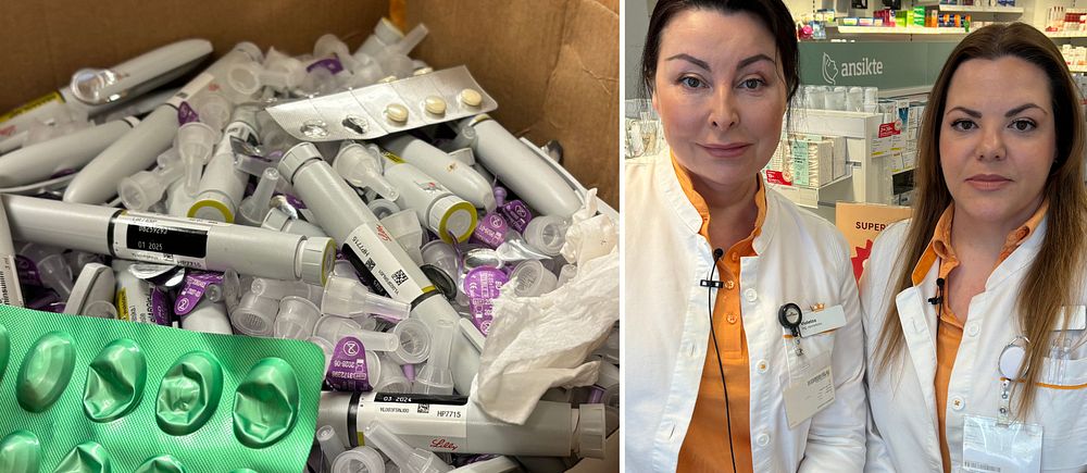 Delad bild. Vänster: Medicinsk utrustning och förpackningar. Höger: Två personer i laboratoriemiljö.