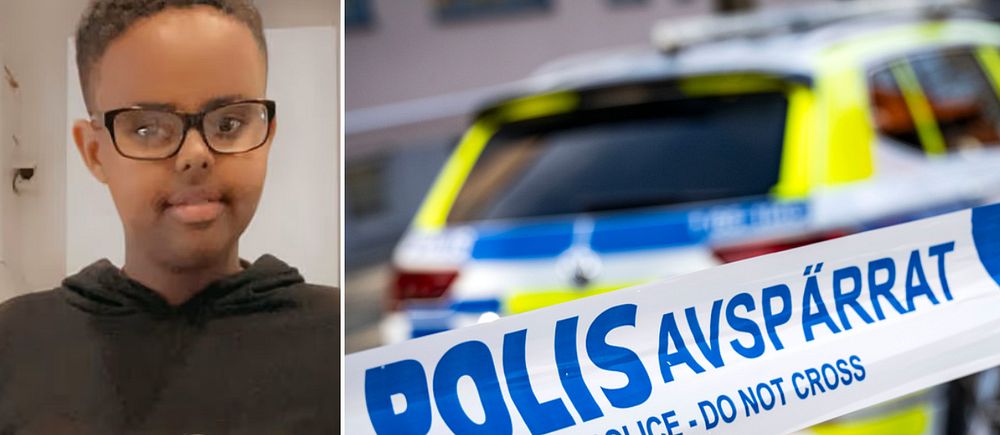 Delad bild. Till vänster: en pojke i huvtröja. Till höger: polisavspärrning vid polisbil.