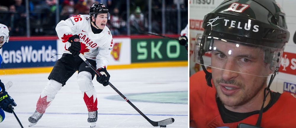Delad bild. Till vänster: kanadensisk ishockeyspelare under match. Till höger: spelare intervjuas.