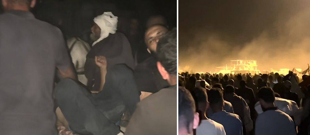 Människor samlas i mörker vid matutdelning i Netzarim i Gaza.