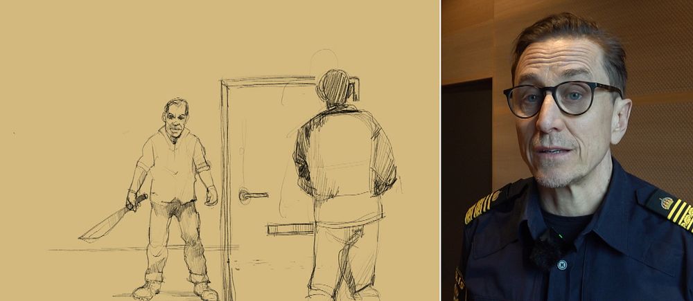 Grafisk bild på olaga hot som ska illustrera en händelse i Umeå dagen före ett mord på stadsdelen Haga, där en 29-årig man är misstänkt. Till höger bild på Olle Andersson, polisens utredningschef i Umeå.