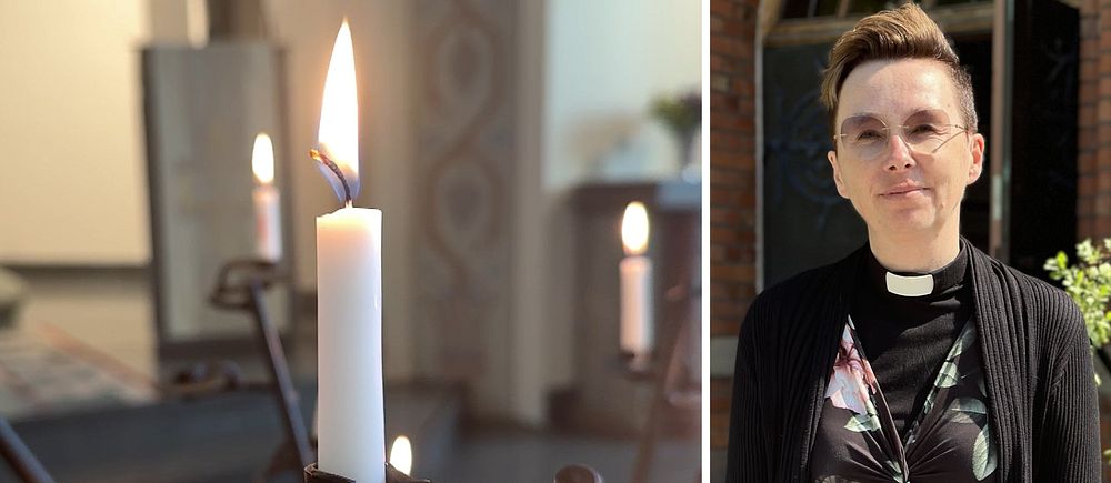 Till vänster syns en ljusstake som är tänd i en kyrka och till höger syns Eva Stenström som är präst för Alnö Kyrka.