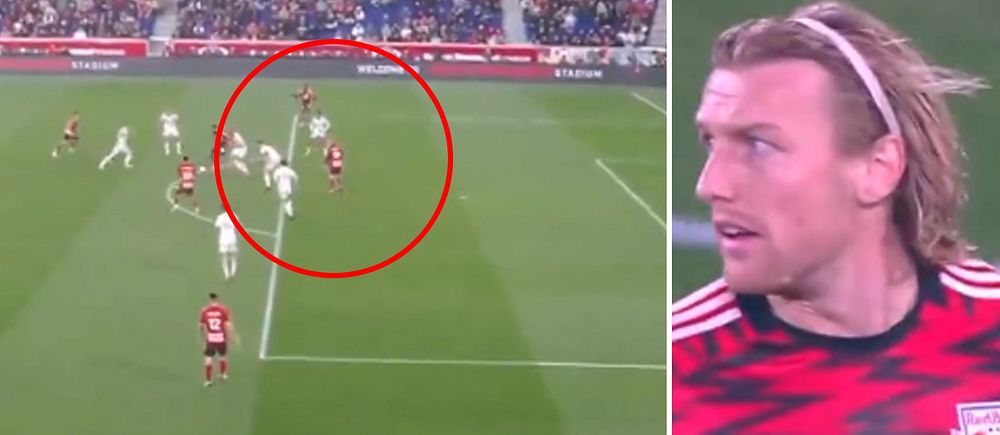 Tvådelad bild. Till vänster: fotbollsmatch med ring som markerar en situation. Till höger: spelare i röd tröja.