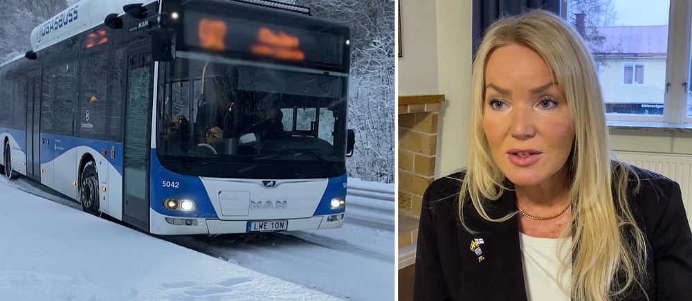 Buss från Länstrafiken Örebro som kör i snön till vänster, moderata politikern Cecilia Albertsson.