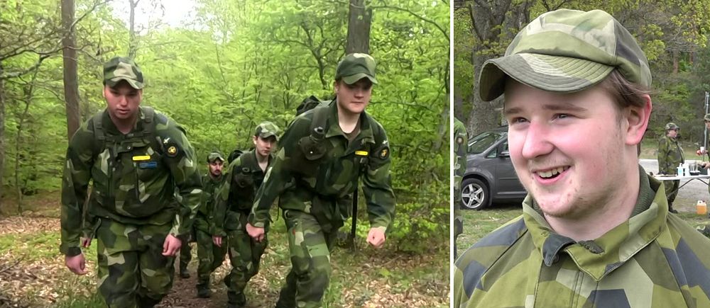 Tvådelad bild. Vänster: soldater i uniform vandrar i skog. Höger: närbild på soldat i uniform.