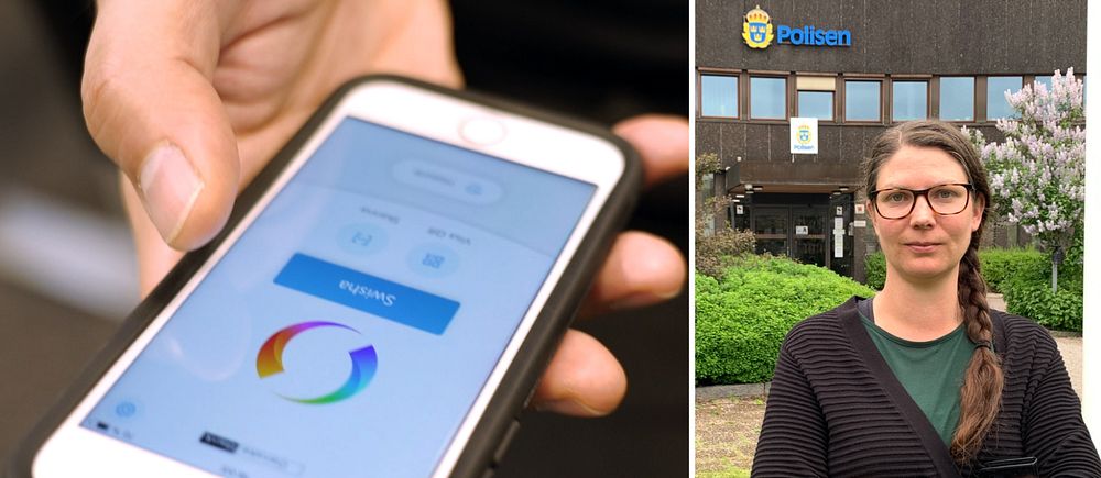 swish i mobiltelefon, Polisutredare i civila kläder som står framför polishuset i Falun