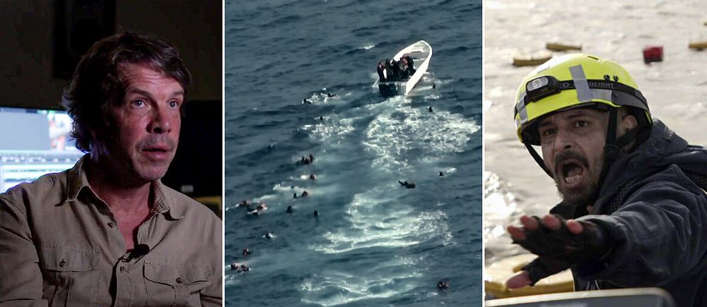 Uppdrag gransknings fotograf och en båt under en räddningssitation på Medelhavet.