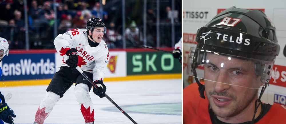 Delad bild. Till vänster: kanadensisk ishockeyspelare under match. Till höger: spelare intervjuas.