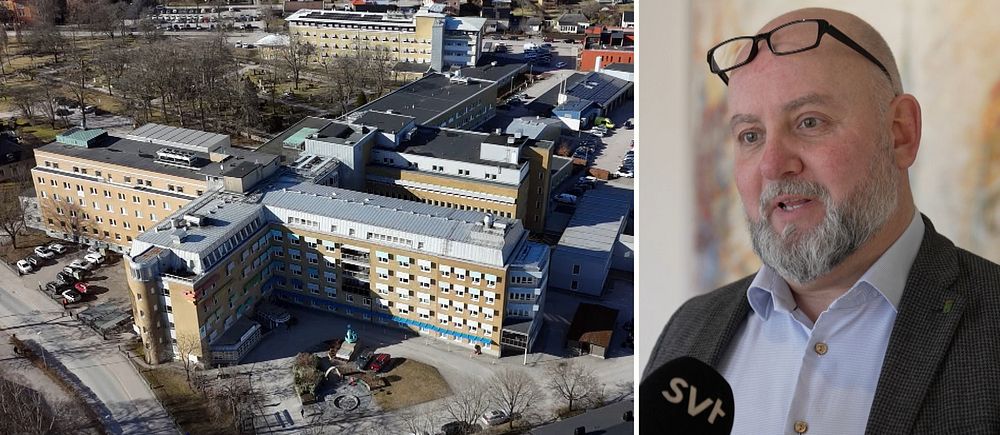 Tvådelad bild. Vänster: sjukhusbyggnad från ovan. Höger: SVT-mikrofon vid intervju.