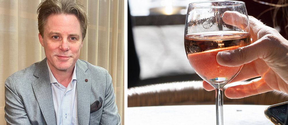 Delad bild. Till vänster: man i kostym. Till höger: hand håller ett glas rosévin.