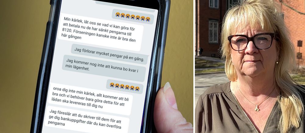 Tvådelad bild. Vänster: Mobilskärm med meddelande. Höger: Person vid röd byggnad.
