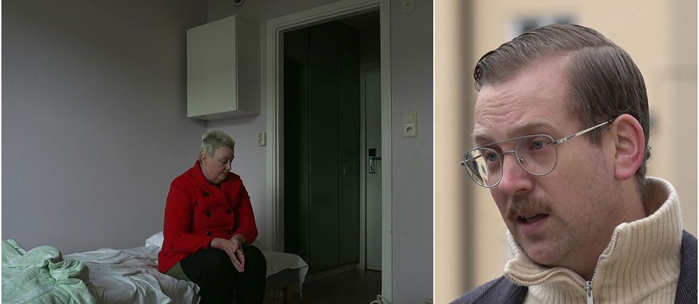 Tvådelad bild. Till vänster: kvinna sitter på säng i sparsmakat rum.