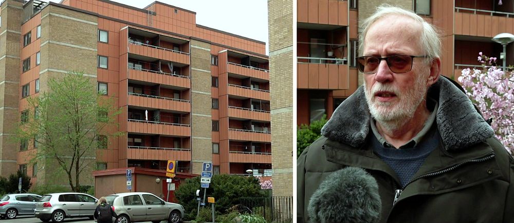 Delad bild. Till vänster: bostadshus med parkerade bilar. Till höger: man intervjuas utomhus.