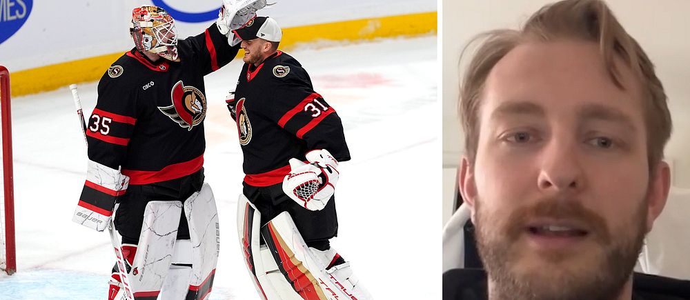 Delad bild. Vänster: Två hockeymålvakter firar med ryggdunk på isen. Höger: Intervjuperson