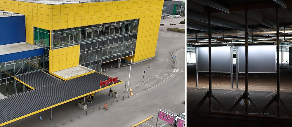 Delad bild. Till vänster: varuhus med gul fasad. Till höger: byggnadsställningar inomhus.