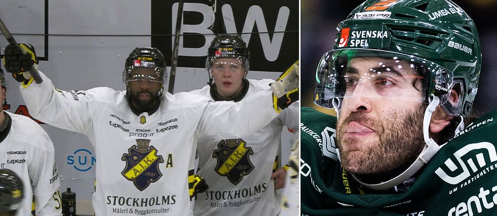 Tvådelad bild. Vänster: hockeyspelare i AIK-tröjor firar. Höger: detalj av Brynäs-spelare.