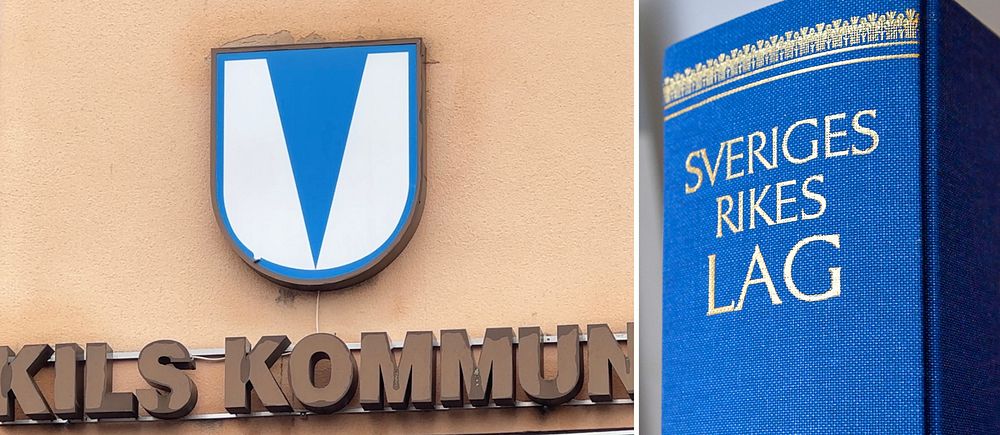 Delad bild. Till vänster: Kils kommunsköld. Till höger: Sveriges lagbok i blått.