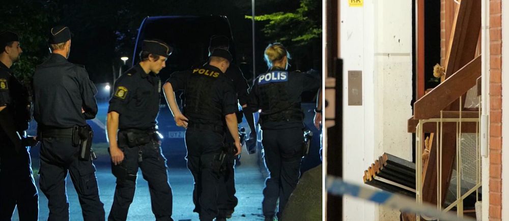 Delad bild. Till vänster: poliser i mörkret. Till höger: avspärrade trapphus med polistejp.