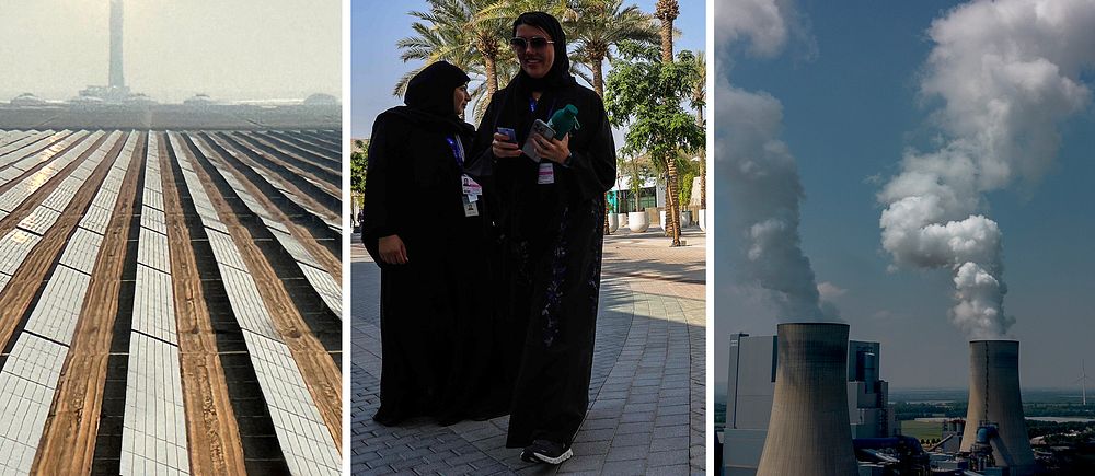 Solcellspark i Saudiarabien / kvinnor på väg in till COP28 i Dubai / Kraftverk.