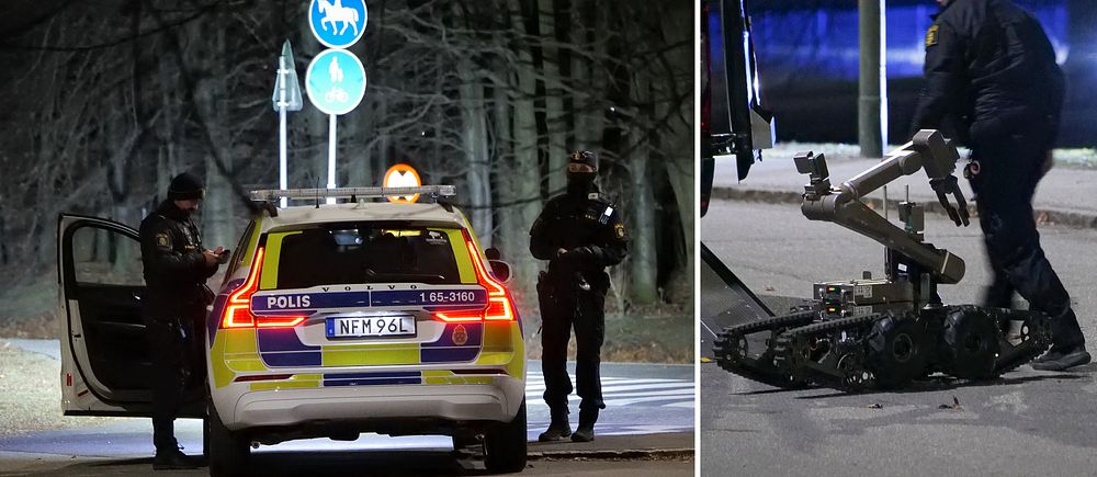 Delad bild. Till vänster: Polisbilar och två poliser. Till höger: Bombtekniker med robot.