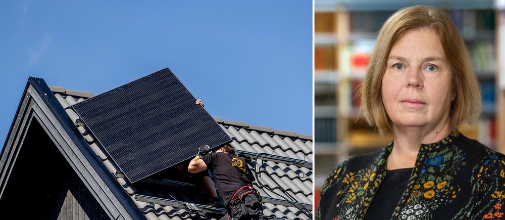En man som monterar solcellspanel på ett tak och porträttbild på Pia Blank Thörnroos