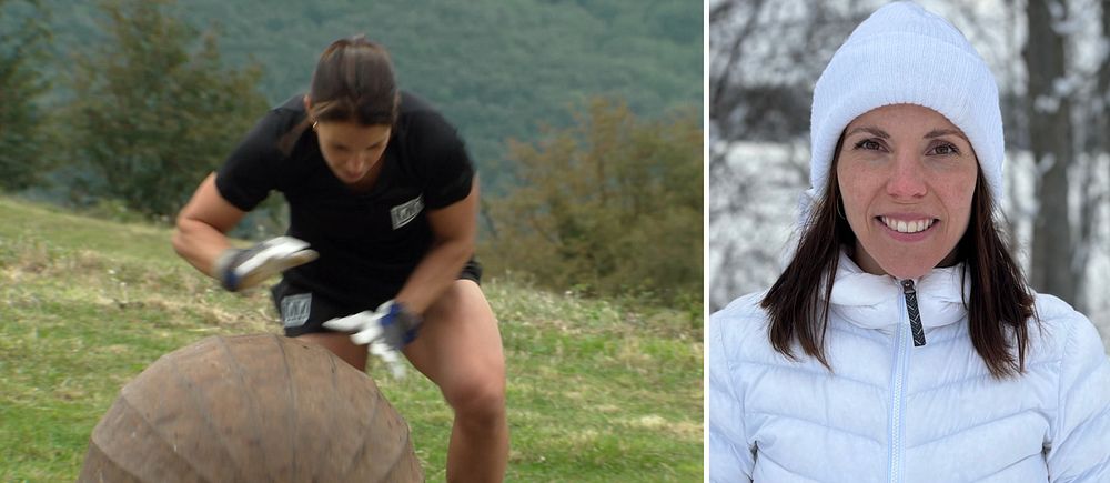 Tvådelad bild. Vänster: Person lyfter stor boll utomhus. Höger: Person i vit jacka mot träd.