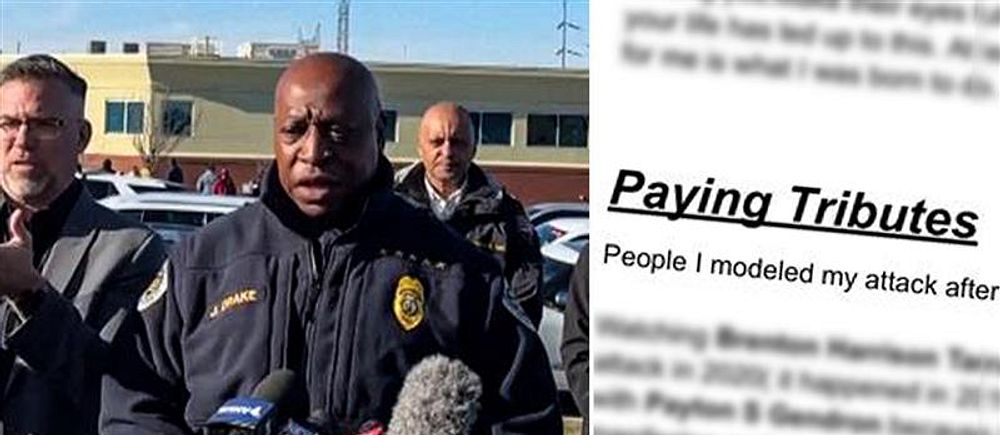 En polis med en mörk uniform och emblem står framför flera mikrofoner under en utomhuspresskonferens. Till höger om bilden syns en förstorad text där det står ”Paying Tributes: People I modeled my attack after,” följt av oskarp text. Bakgrunden på presskonferensen visar en byggnad och himmel.