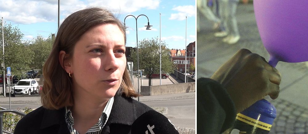 Delad bild. Till vänster intervjuas en person av SVT. Till höger fylls en ballong med gas.