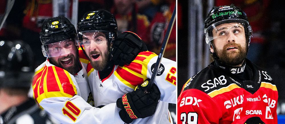 Delad bild. Till vänster: ishockeyspelare i vitt firar mål. Till höger: Luleåspelare i röd matchtröja.