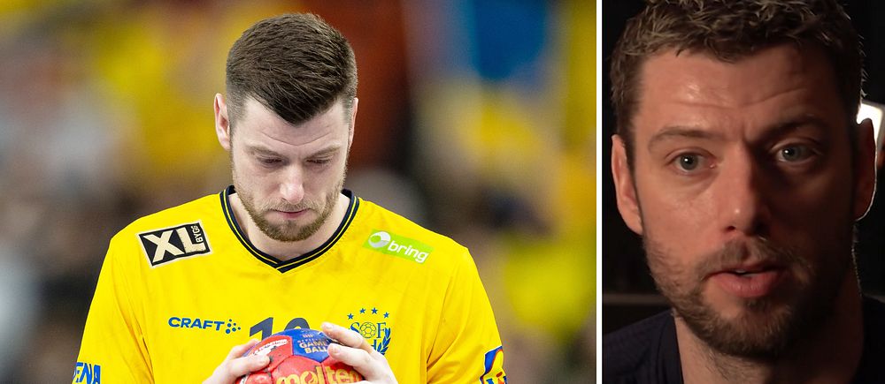 En delad bild med två sektioner: till vänster står en handbollsspelare iförd en gul tröja och håller en handboll, medan den högra sektionen visar en man som sitter, klädd i en mörk tröja.