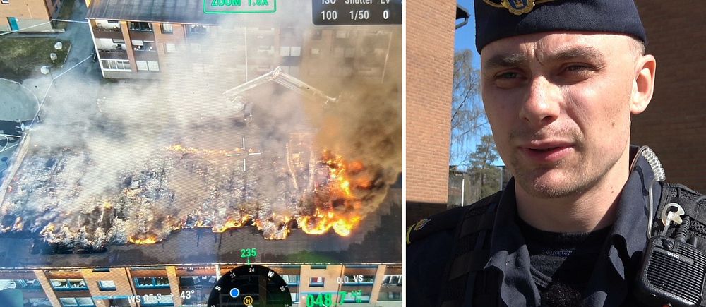 Polisen Petter Segersten berättar om branden på Körfältet, ihopklippt med en drönarbild från branden.