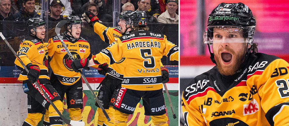 Tvådelad bild. Vänster: Hockeyspelare firar mål. Höger: Spelare i gul tröja med klubben emblem.