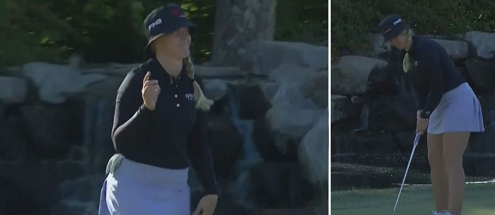Tvådelad bild. Vänster: golfspelare firar. Höger: golfspelare puttar på green.