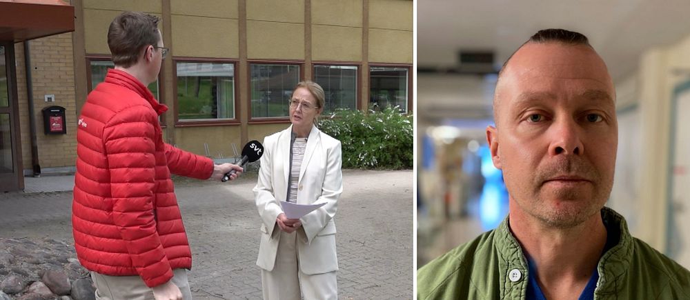 en reporter i röd jacka intervjuar en kvinna i vit kostym, samt en man i grön jacka och kort hår.