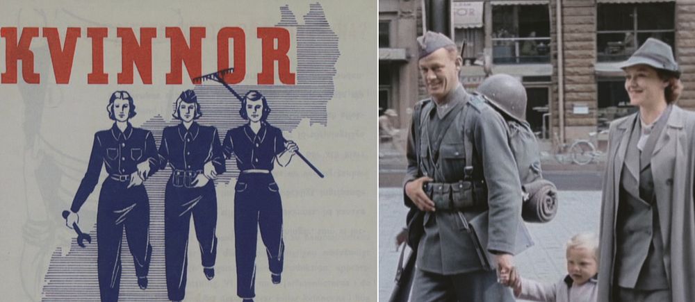 Delad bild. Till vänster: historisk propagandaposter om kvinnor i krigstjänst. Till höger: soldatfamilj promenerar.