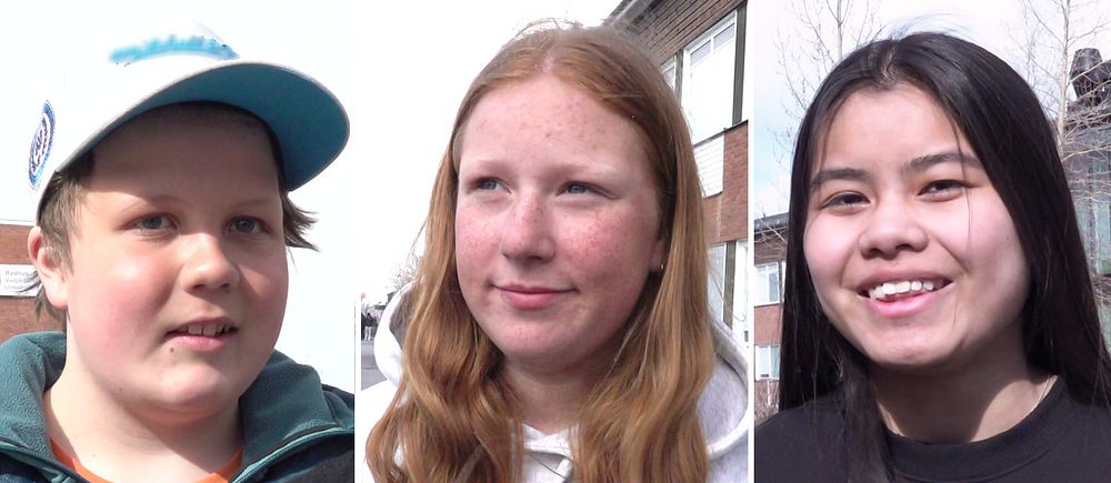 Tredelad bild. Tre ungdomar intervjuas utomhus av SVT, varje person i egen sektion.