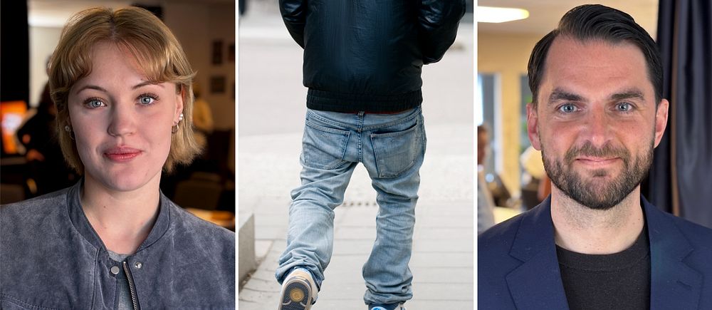 Tredelad bild. Vänster: person inomhus. Mitten: person som går bortåt. Höger: person i kostym.