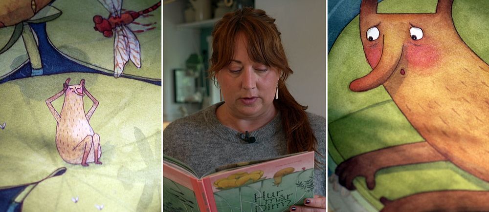 Den lilla fantasifiguren Dim stirrar ner i en skogstjärn. Kanske finns det lugn och ro där nere? I mitten syns författaren läsa ur boken.