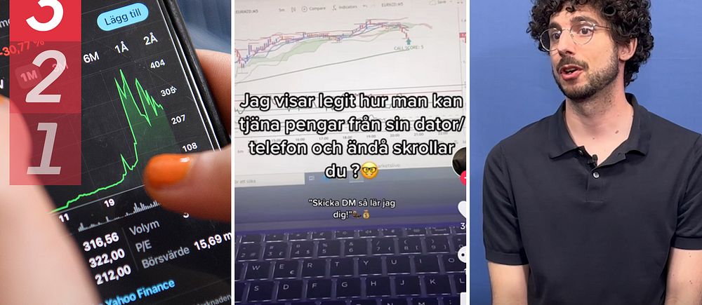 Längst till vänster: närbild på börshandel i mobilen, i mitten, en skärmdump från tips på Tiktok, till höger: ekonomijournalisten Gunnar Harrius