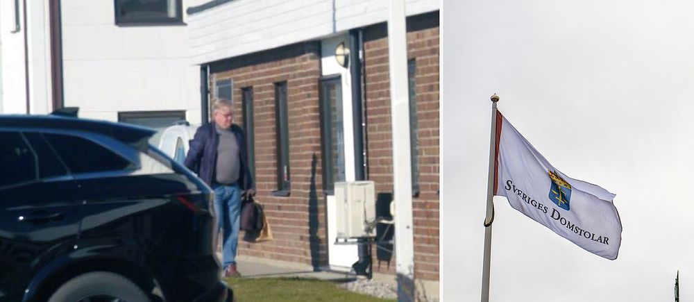 Tvådelad bild. Vänster: Man utanför hus med bil. Höger: Flagga med kommunvapen.