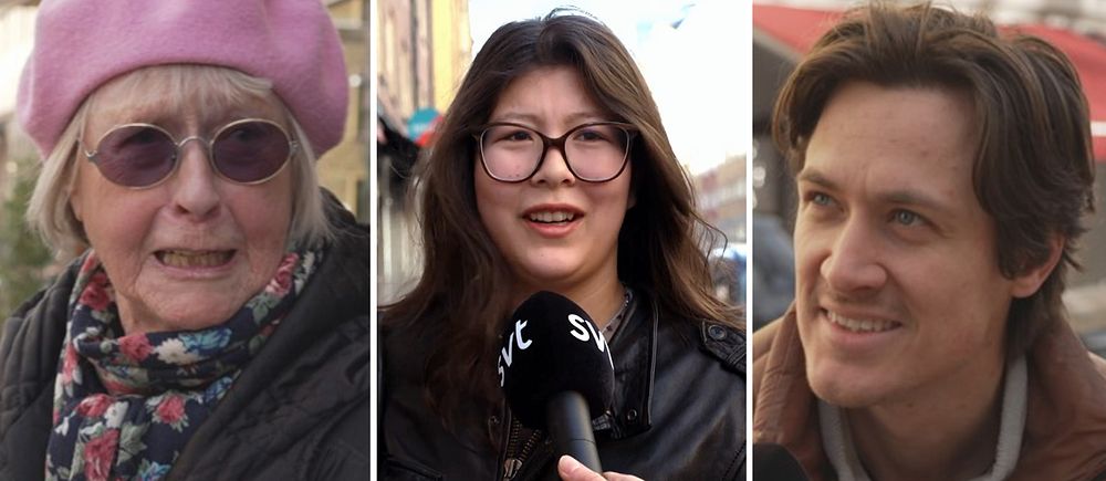 Tredelad bild. Vänster: person i rosa mössa. Mitten: SVT-intervju på stan. Höger: person i brun jacka.