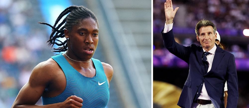 Delad bild. Vänster: Atlet med Nike-linne. Höger: Person i kostym vinkar i en arena.