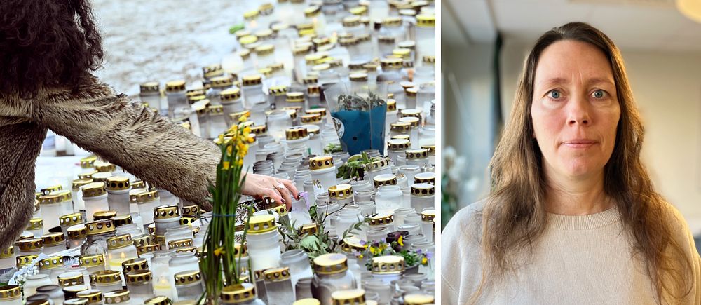 Tvådelad bild. Vänster: Händer placerar blommor bland ljus. Höger: Person i vit tröja.