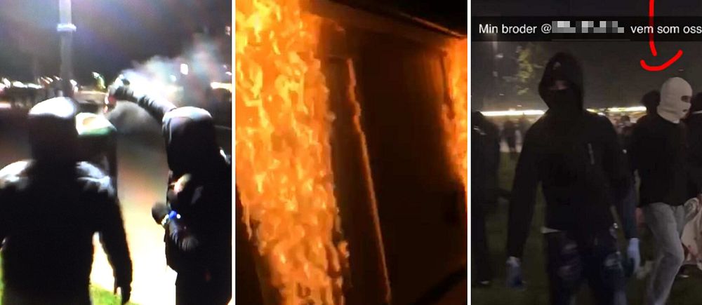 Bilder från förundersökning, maskerade personer ses tända eld på en soptunna och på ett förråd.
