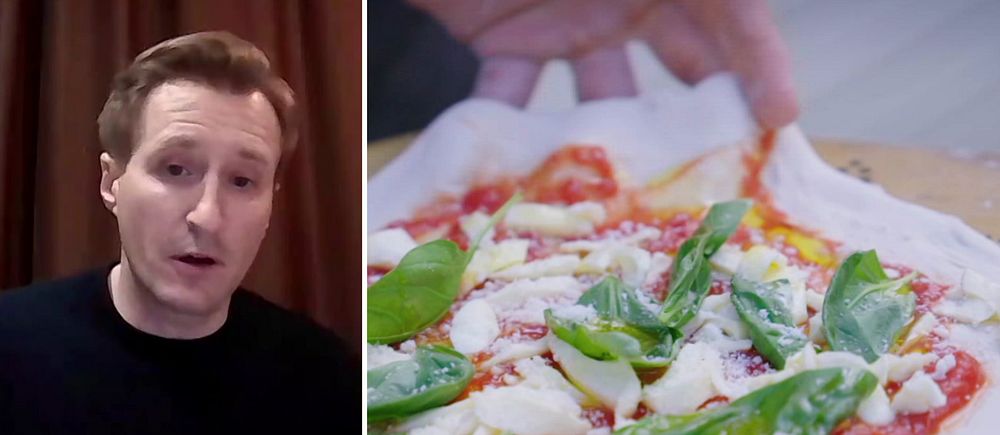 En delad bild med två sektioner. Den vänstra sektionen visar en person som sitter framför en mörk bakgrund. Den högra sektionen visar en närbild av en pizza som ligger på en arbetsyta, täckt med tomatsås, mozzarellaost och färska basilikablad.
