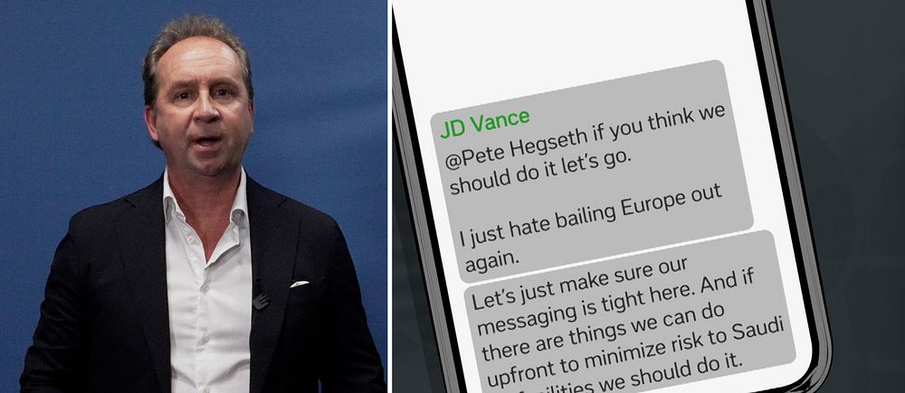 Delad bild. Till vänster: man i kostym. Till höger: telefon med textmeddelanden om Europa och oljefaciliteter.