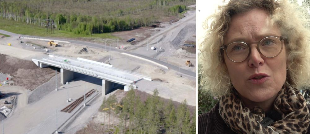 en flygbild över järnvägsbygge med bro, och en porträttbild på en kvinna med lockigt hår och glasögon