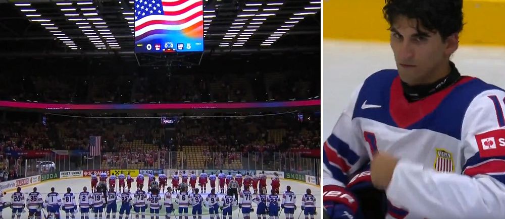 Delad bild. Till vänster: landslag under amerikanska flaggan i ishall. Till höger: hockeyspelare.
