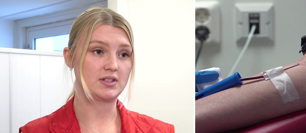 Inför julhelgen är det brist pTill vänster står Ebba Sjöström, biomedicinsk analytiker på Region Örebro län, i klädd en vit tröja och en röd väst. Hon har håret uppsatt med två slingor lös fram. Till höger syns en arm som har en nål fasttejpad på för blodgivning. å blod på sjukhusen i Örebro län.  Blodgrupperna A+ och 0+ som är mest akuta i nuläget. Nu hoppas Regionen på fler blodgivare innan jul.   – Vi har tider både här, i Karlskoga och så har vi blodbussar, säger Ebba Sjöström, biomedicinsk analytiker på Region Örebro län.