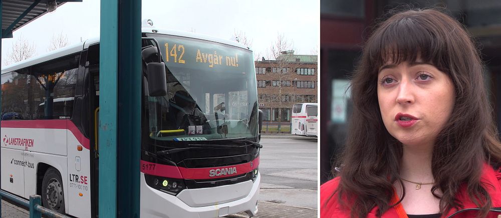 Delad bild. Till vänster: buss vid hållplats. Till höger: person i röd jacka med logotyp.